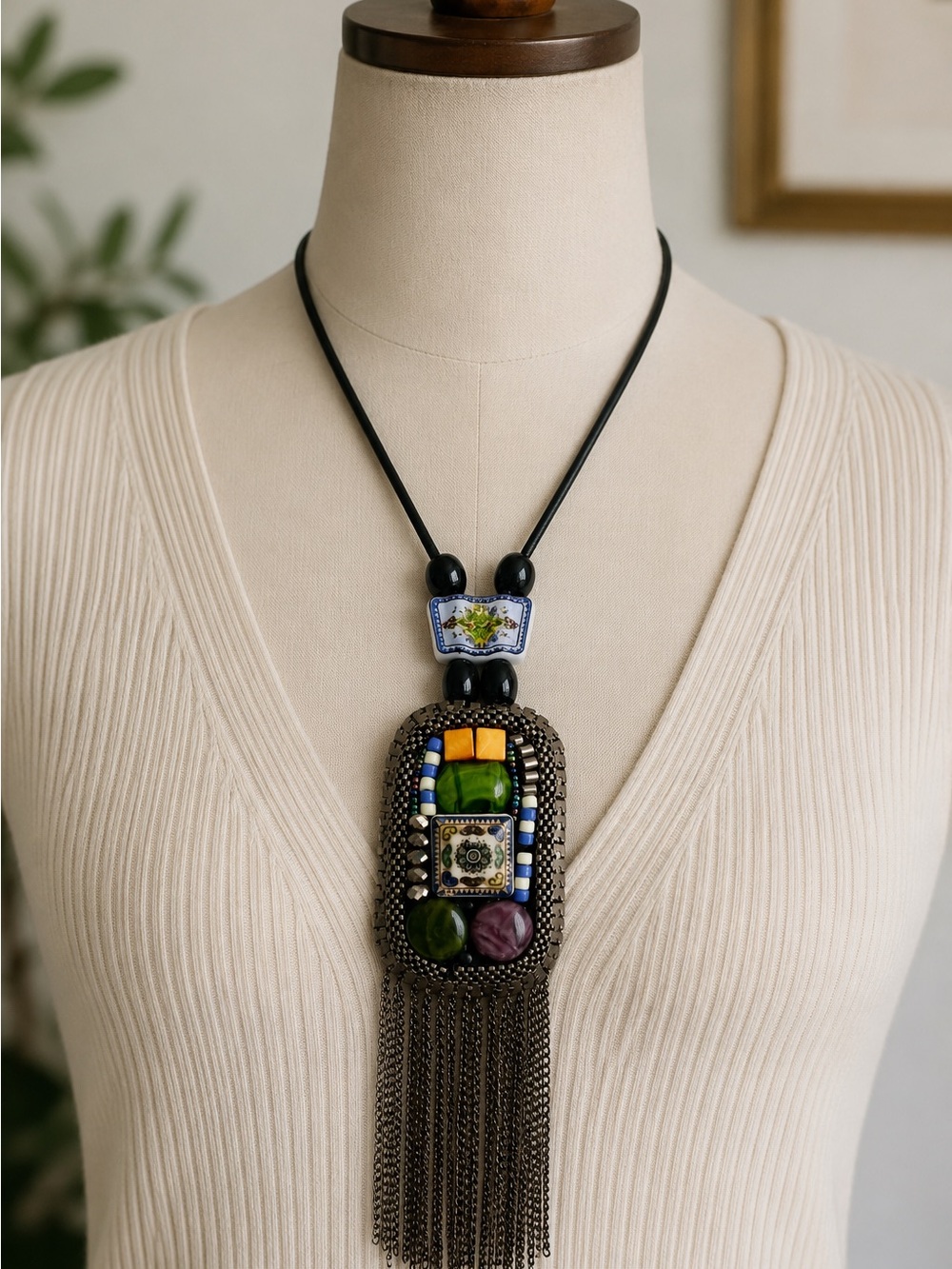 Artisan Natural Stone & Ceramic Statement Necklace with Chain Fringe NWOT